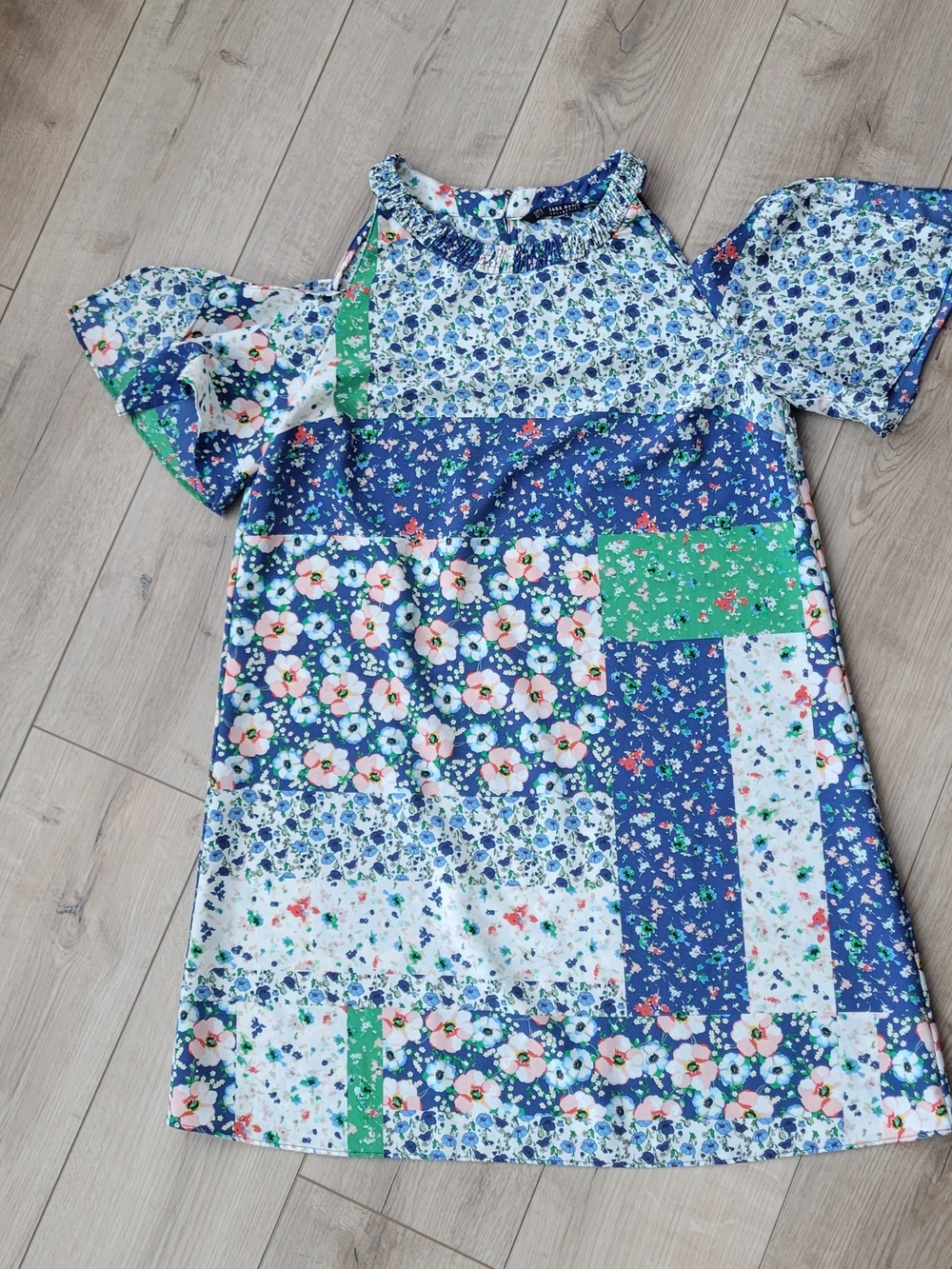 Zara Blue Floral Patchwork  Dress with Green Accents